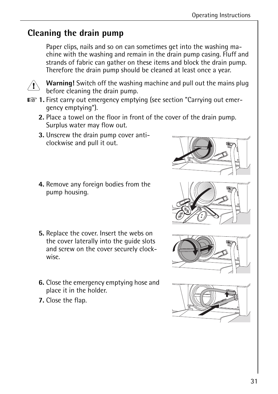 Cleaning the drain pump | Electrolux 86741 User Manual | Page 31 / 60