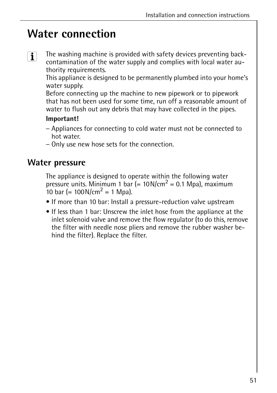 Water connection, Water pressure | Electrolux 86741 User Manual | Page 51 / 60