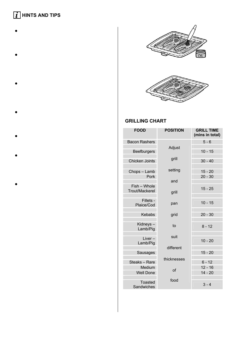 13 hints and tips, Grilling chart | Electrolux EKC6044 User Manual | Page 13 / 36