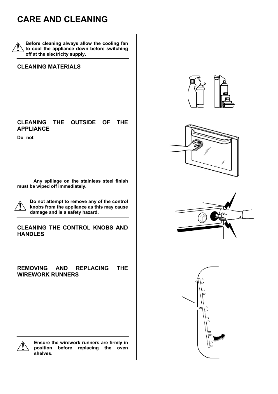 Care and cleaning, Cleaning materials, Cleaning the outside of the appliance | Cleaning the control knobs and handles, Removing and replacing the wirework runners | Electrolux EKC6044 User Manual | Page 21 / 36