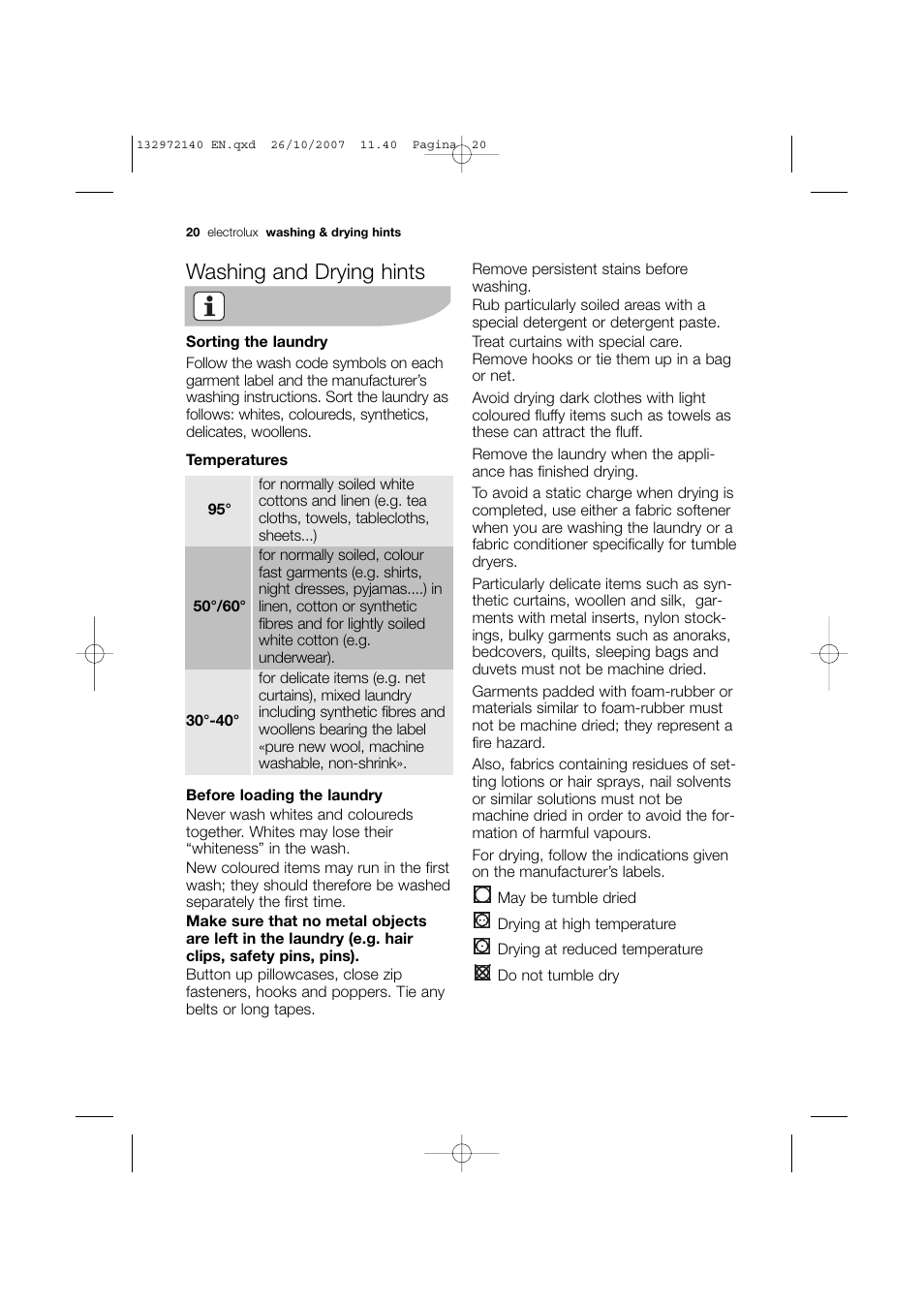 Washing and drying hints | Electrolux EWX 14540 W User Manual | Page 20 / 52