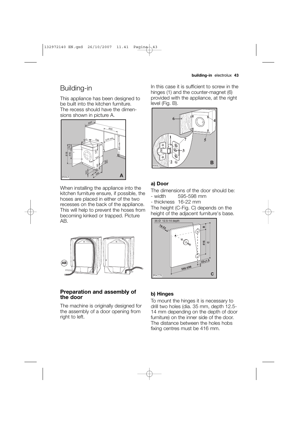 Building-in, Preparation and assembly of the door | Electrolux EWX 14540 W User Manual | Page 43 / 52