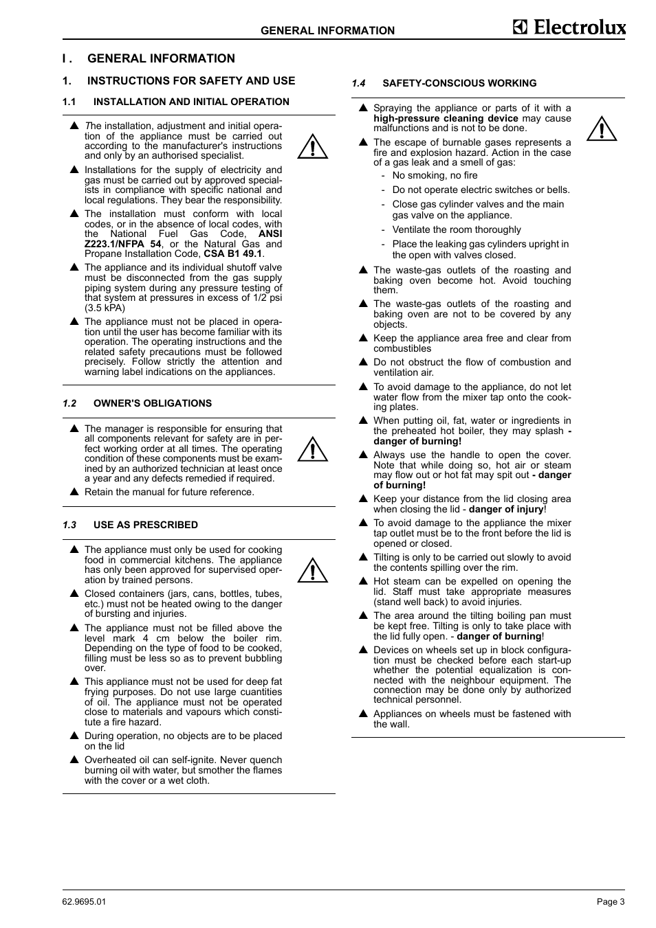 General information, Instructions for safety and use, Installation and initial operation | Owner's obligations, Use as prescribed, Safety-conscious working | Electrolux 583398 User Manual | Page 5 / 11