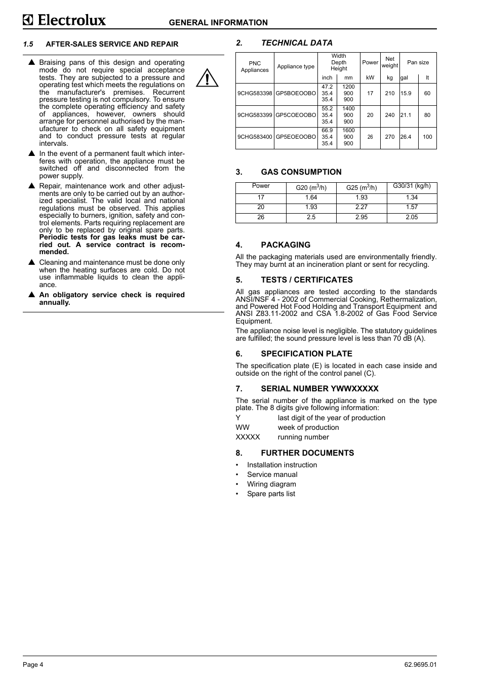 After-sales service and repair, Technical data, Gas consumption | Packaging, Tests / certificates, Specification plate, Serial number ywwxxxxx, Further documents | Electrolux 583398 User Manual | Page 6 / 11