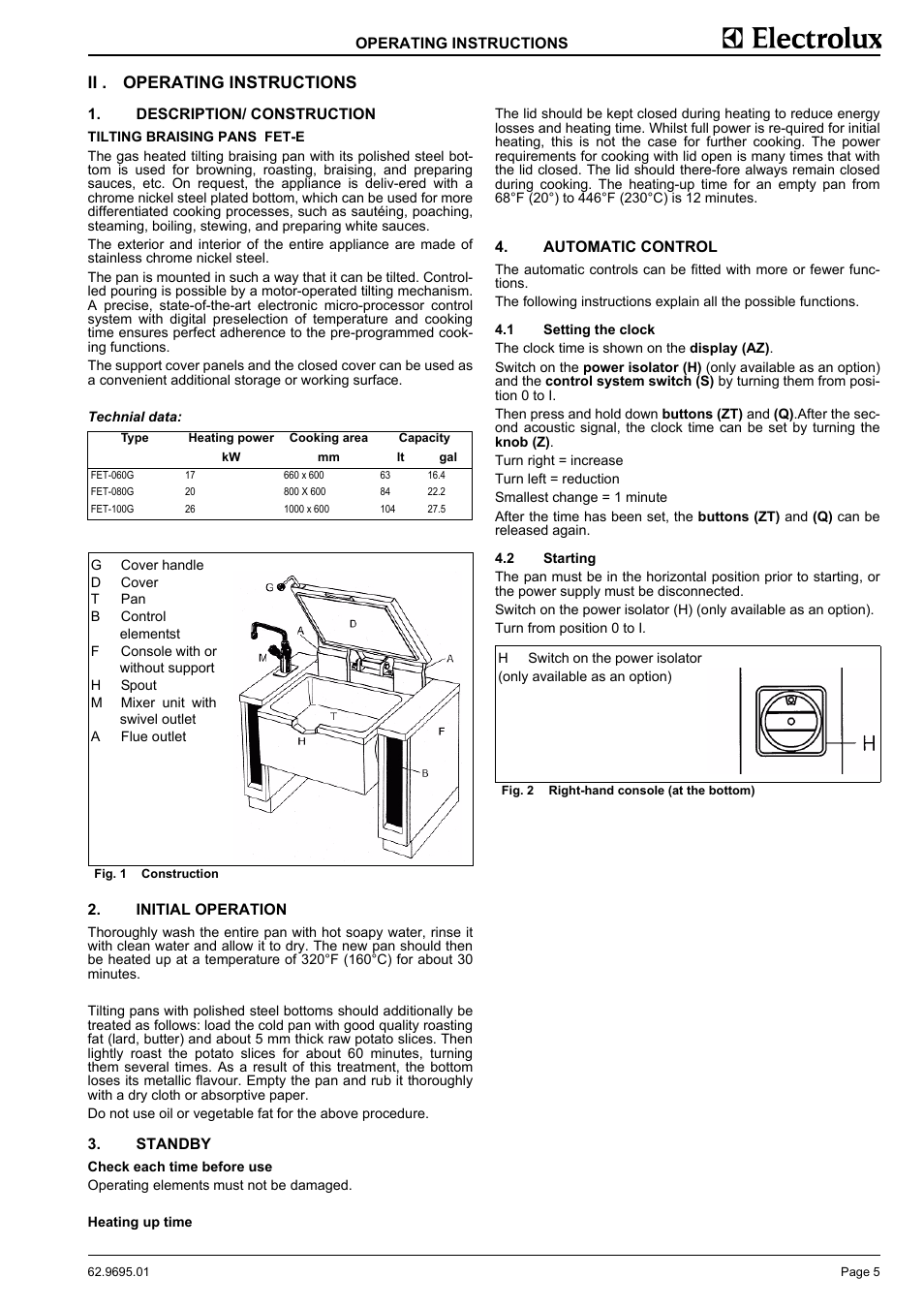 Operating instructions, Description/ construction, Initial operation | Standby, Automatic control, Setting the clock, Starting, Ii . operating instructions | Electrolux 583398 User Manual | Page 7 / 11