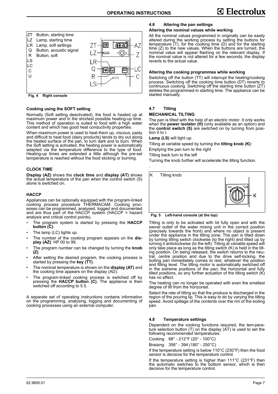 Altering the pan settings, Tilting, Temperature settings | Electrolux 583398 User Manual | Page 9 / 11