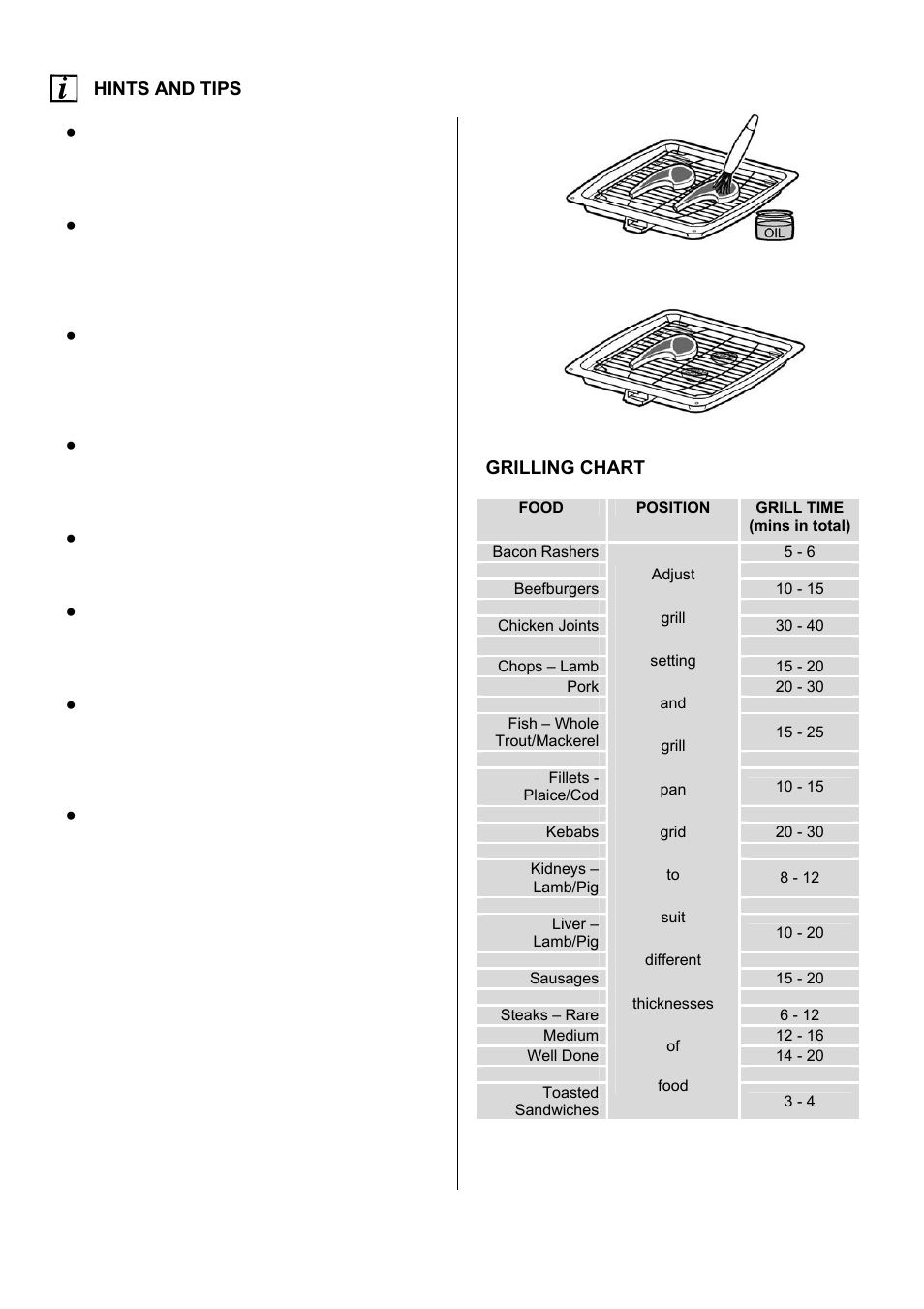 13 hints and tips, Grilling chart | Electrolux EKM6047 User Manual | Page 13 / 36