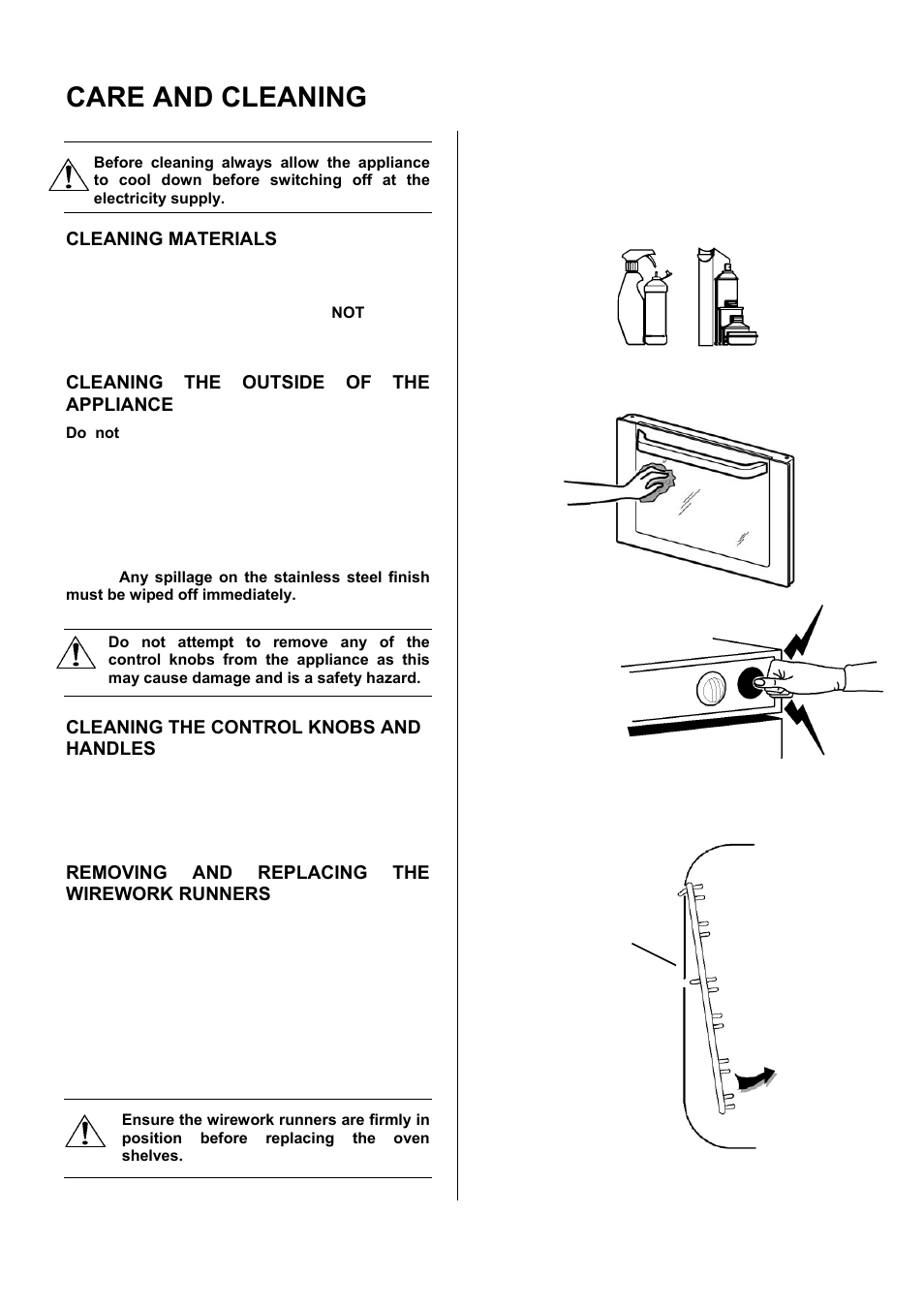 Care and cleaning, Cleaning materials, Cleaning the outside of the appliance | Cleaning the control knobs and handles, Removing and replacing the wirework runners | Electrolux EKM6047 User Manual | Page 21 / 36