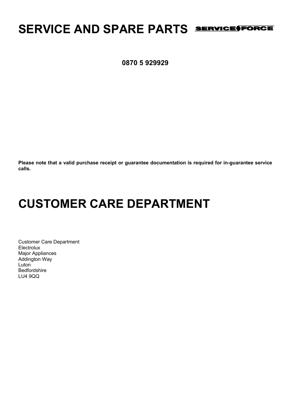 Service and spare parts, Customer care department | Electrolux EKM6047 User Manual | Page 27 / 36