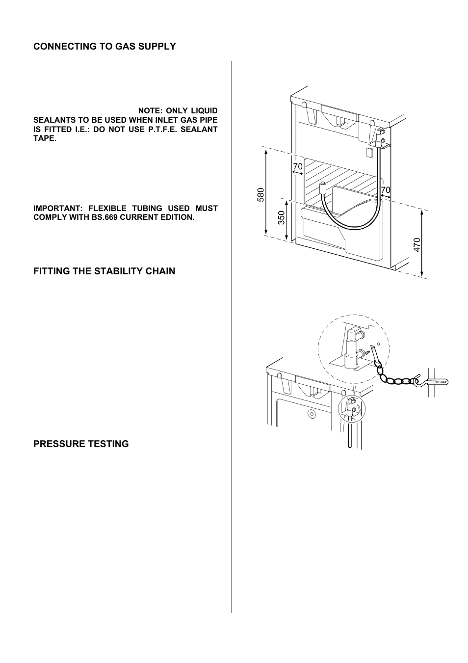 33 connecting to gas supply, Fitting the stability chain, Pressure testing | Electrolux EKM6047 User Manual | Page 33 / 36