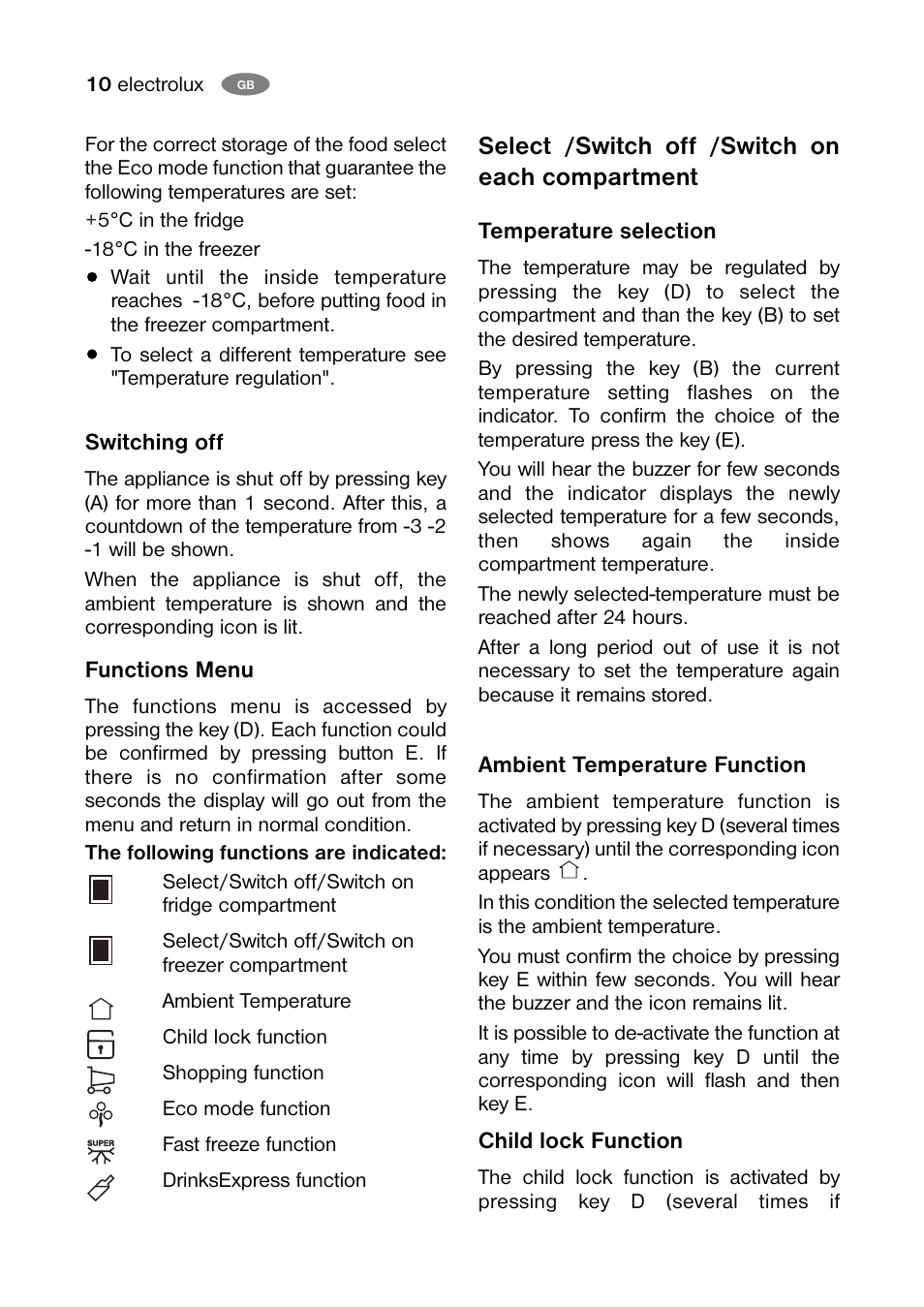 Select /switch off /switch on each compartment | Electrolux ENB 38607 X User Manual | Page 10 / 36