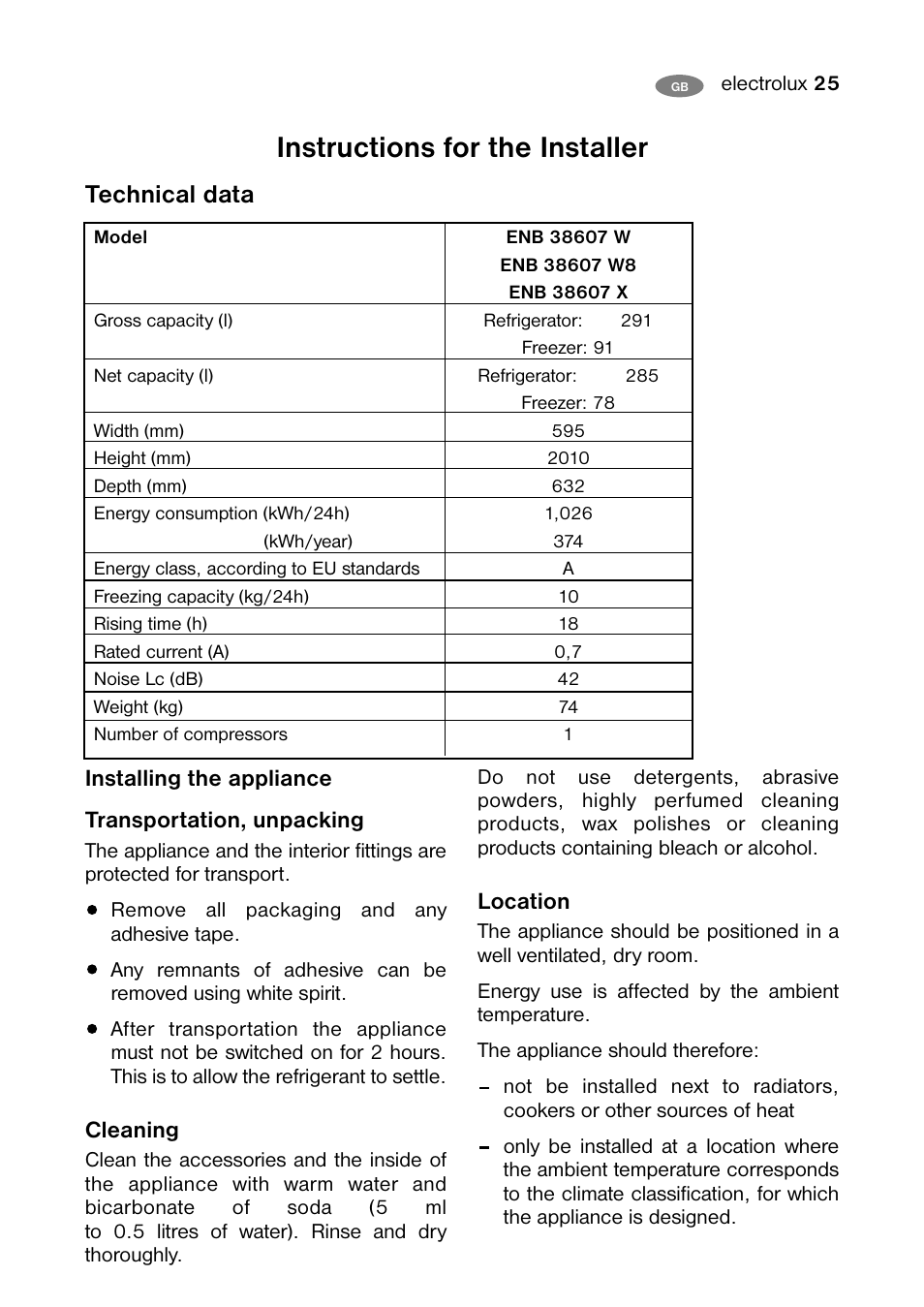 Instructions for the installer, Technical data, Installing the appliance transportation, unpacking | Cleaning, Location | Electrolux ENB 38607 X User Manual | Page 25 / 36