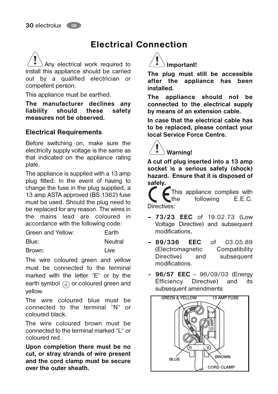 Electrical connection | Electrolux ENB 38607 X User Manual | Page 30 / 36