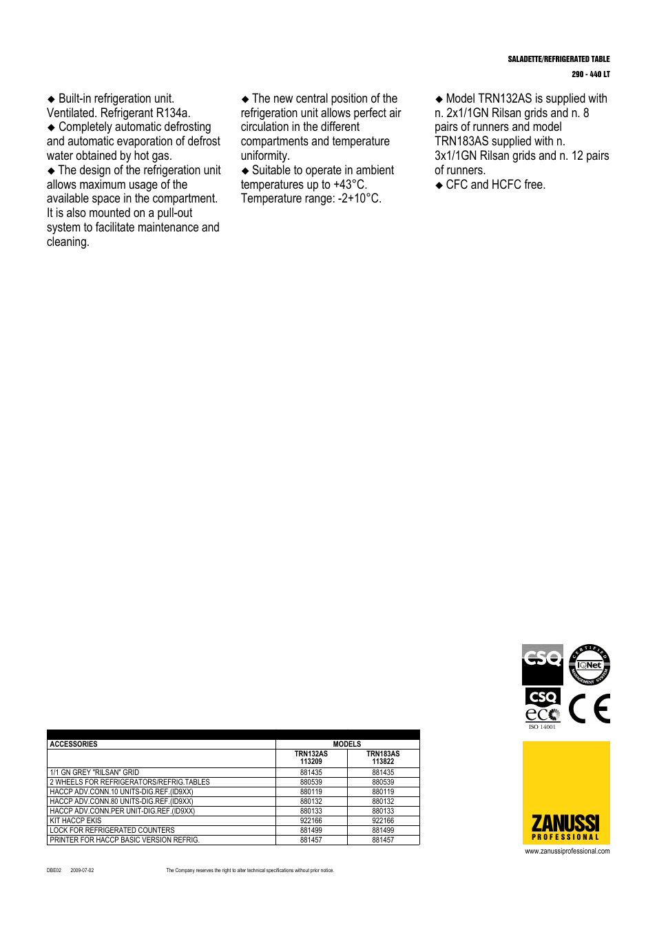 Zanussi, Cfc and hcfc free | Electrolux Zanussi Professional TRN183AS User Manual | Page 2 / 3