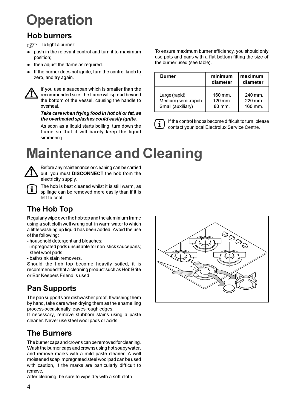 Operation, Maintenance and cleaning, Hob burners | The hob top, Pan supports, The burners | Electrolux EGG 689 User Manual | Page 4 / 16