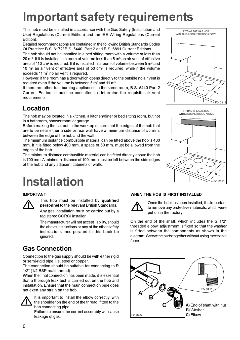 Important safety requirements, Installation, Location | Gas connection | Electrolux EGG 689 User Manual | Page 8 / 16