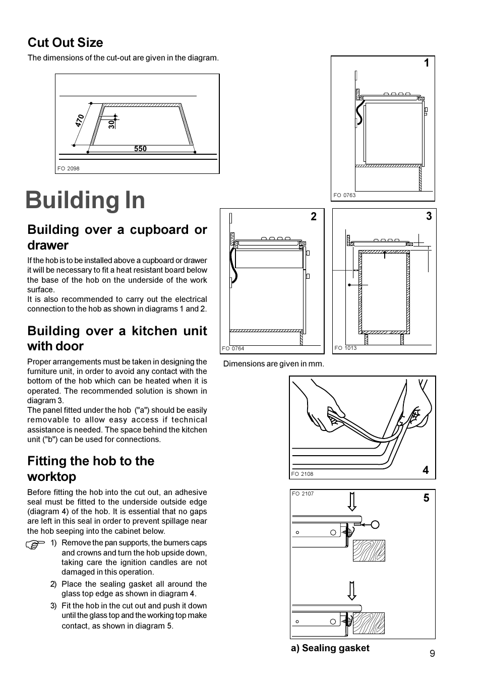 Building in, Cut out size, Building over a cupboard or drawer | Building over a kitchen unit with door, Fitting the hob to the worktop | Electrolux EGG 689 User Manual | Page 9 / 16