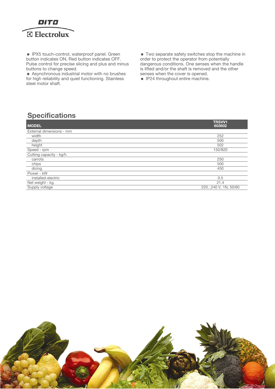 Specifications | Electrolux Dito TRSVV1 User Manual | Page 2 / 4