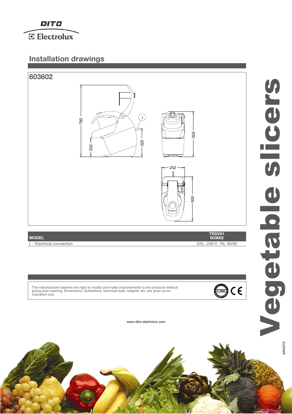 Vegetable slicers, Installation drawings | Electrolux Dito TRSVV1 User Manual | Page 4 / 4