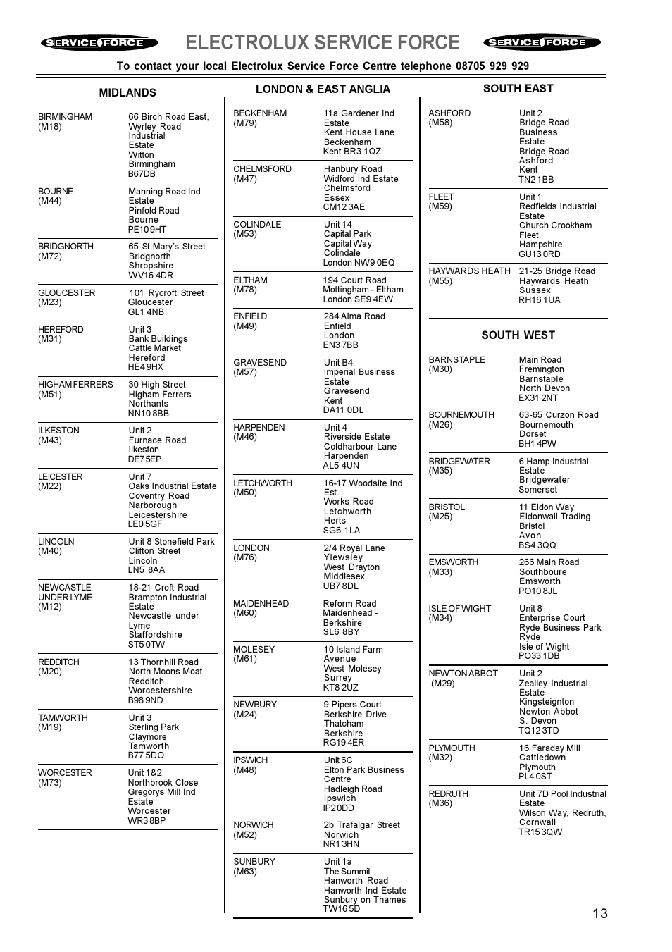 Electrolux service force, London & east anglia, South east | South west | Electrolux EOB 812 User Manual | Page 13 / 16