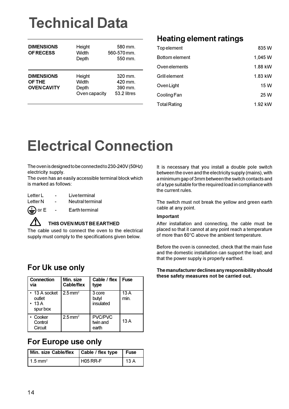 Technical data, Electrical connection, For uk use only for europe use only | Heating element ratings | Electrolux EOB 812 User Manual | Page 14 / 16