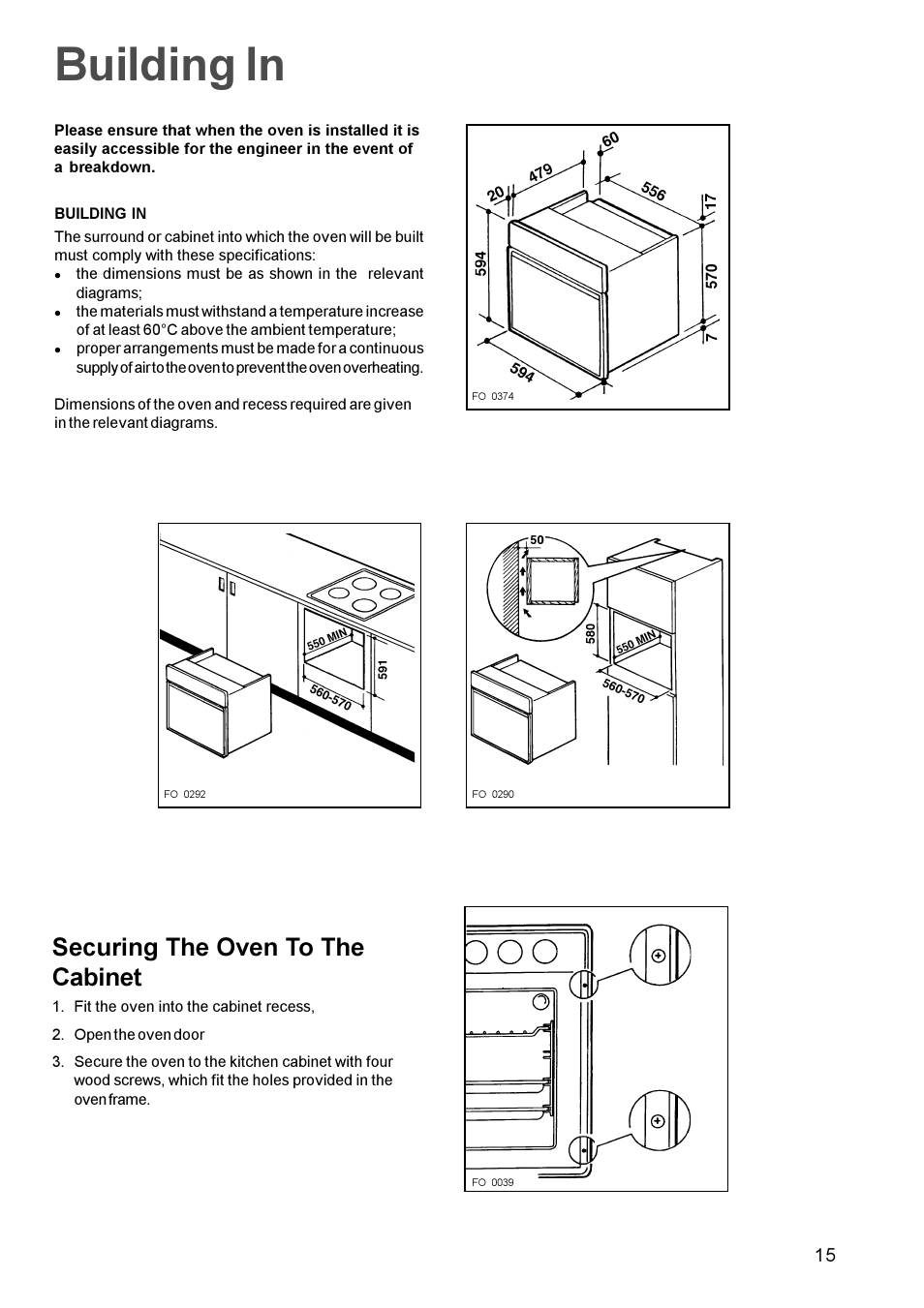 Building in, Securing the oven to the cabinet | Electrolux EOB 812 User Manual | Page 15 / 16