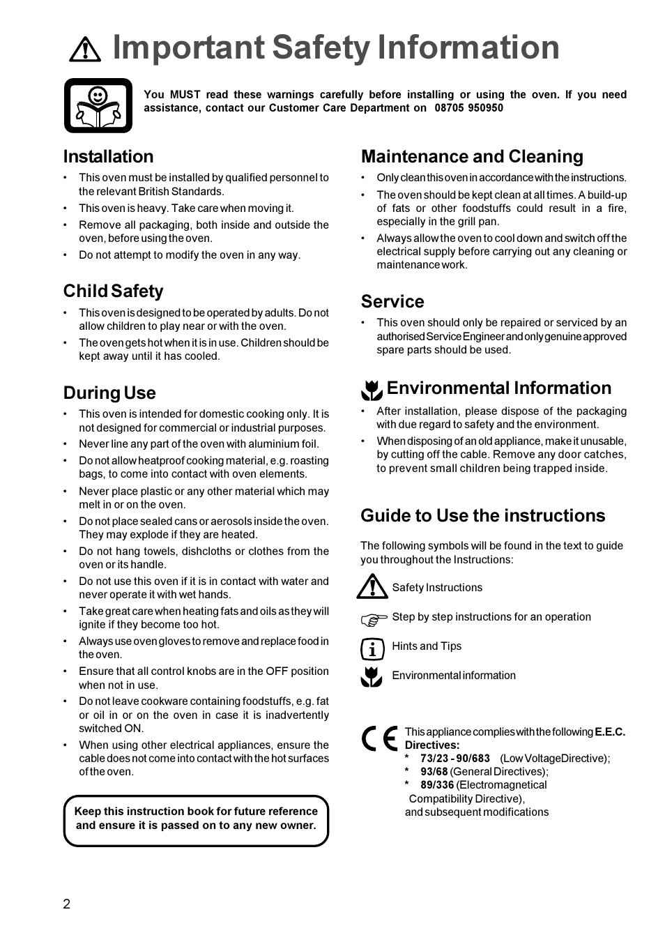 Fimportant safety information, Installation, Child safety | During use, Guide to use the instructions, Maintenance and cleaning, Service, Environmental information | Electrolux EOB 812 User Manual | Page 2 / 16