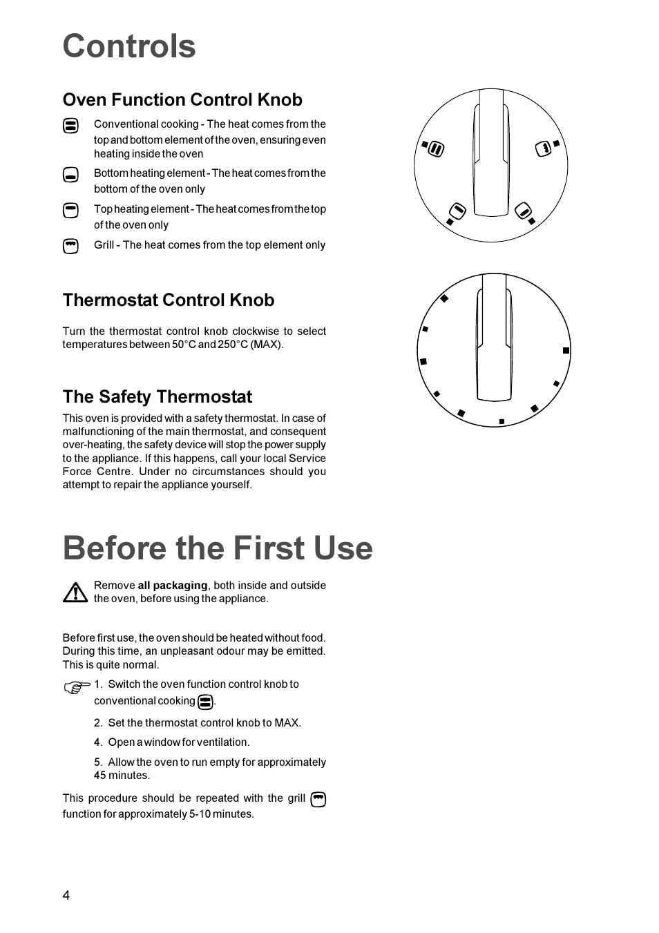Controls, Before the first use, Oven function control knob | Thermostat control knob, The safety thermostat | Electrolux EOB 812 User Manual | Page 4 / 16