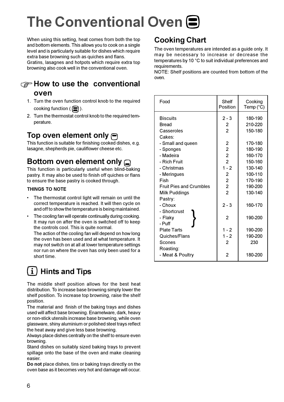 The conventional oven, How to use the conventional oven, Top oven element only | Bottom oven element only, Hints and tips, Cooking chart | Electrolux EOB 812 User Manual | Page 6 / 16