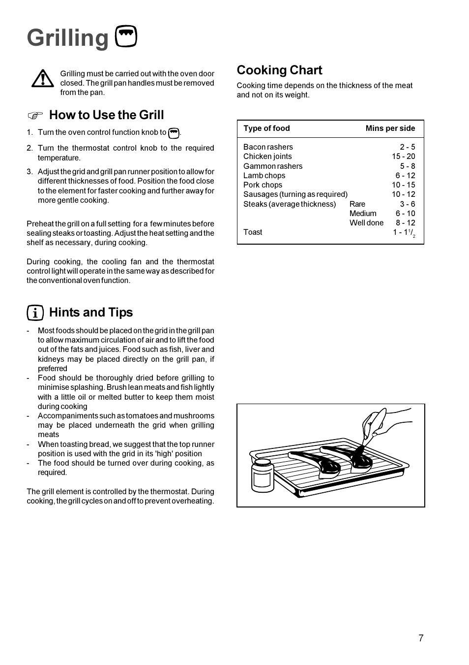 Grilling, How to use the grill, Cooking chart | Hints and tips | Electrolux EOB 812 User Manual | Page 7 / 16