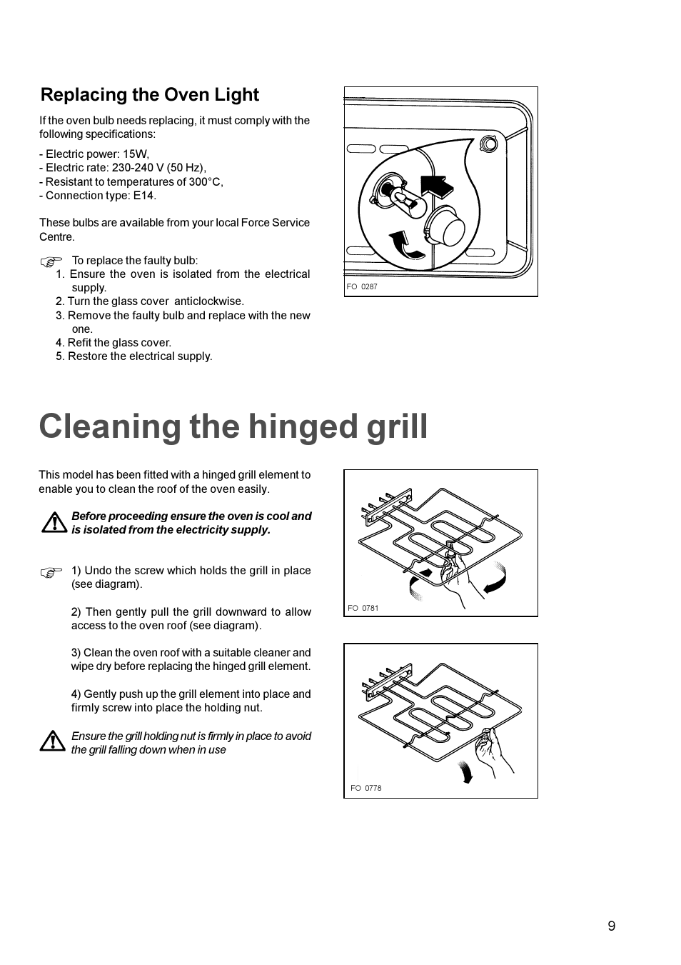 Cleaning the hinged grill, Replacing the oven light | Electrolux EOB 812 User Manual | Page 9 / 16