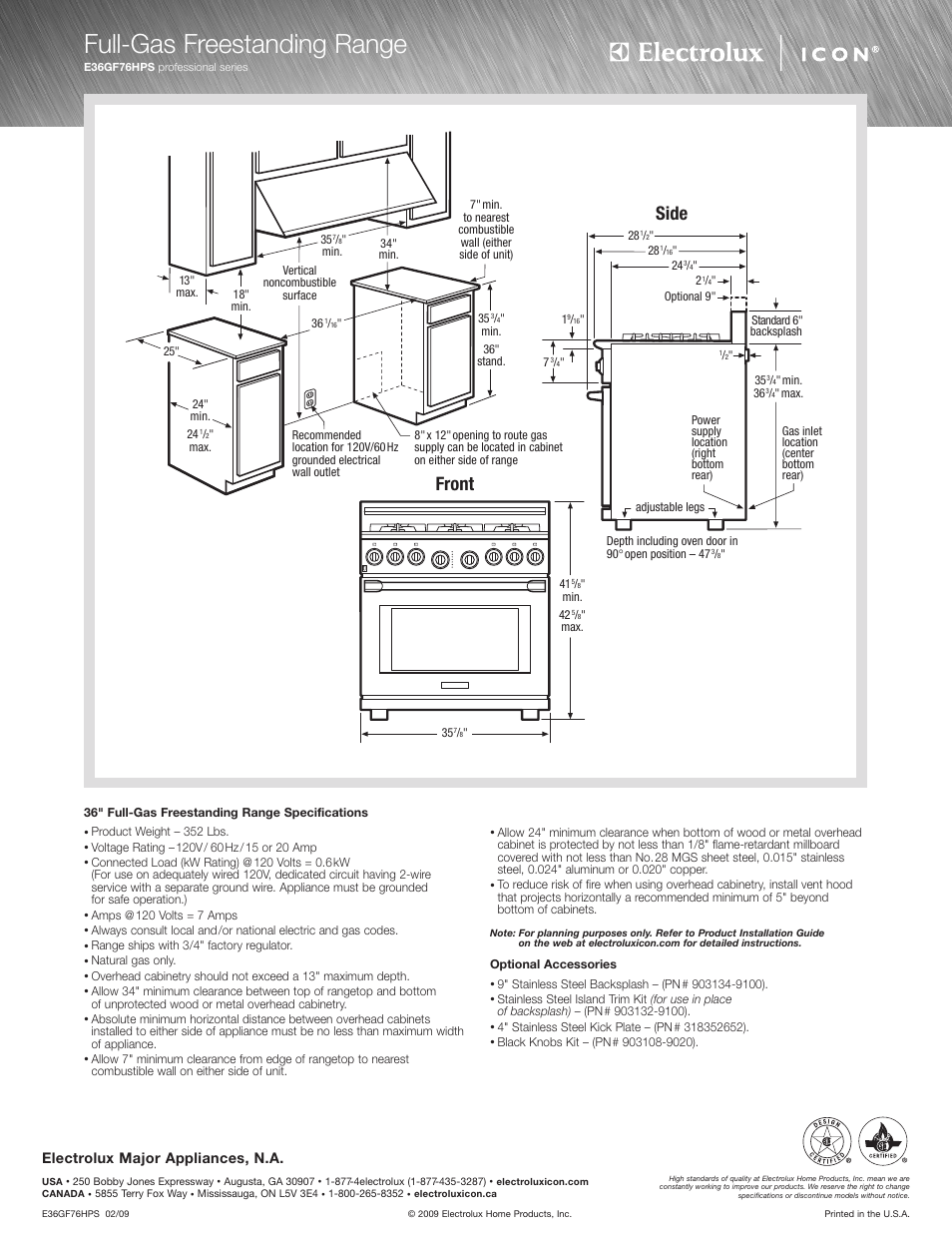 Full-gas freestanding range, E36gf76hps, Front | Side | Electrolux E36GF76HPS User Manual | Page 2 / 2