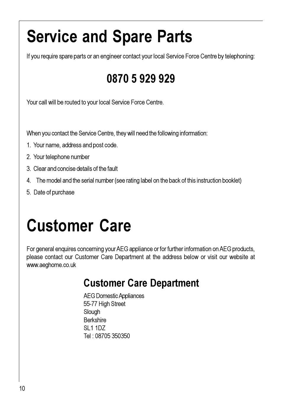 Service and spare parts, Customer care, Customer care department | Electrolux 111 K User Manual | Page 10 / 16