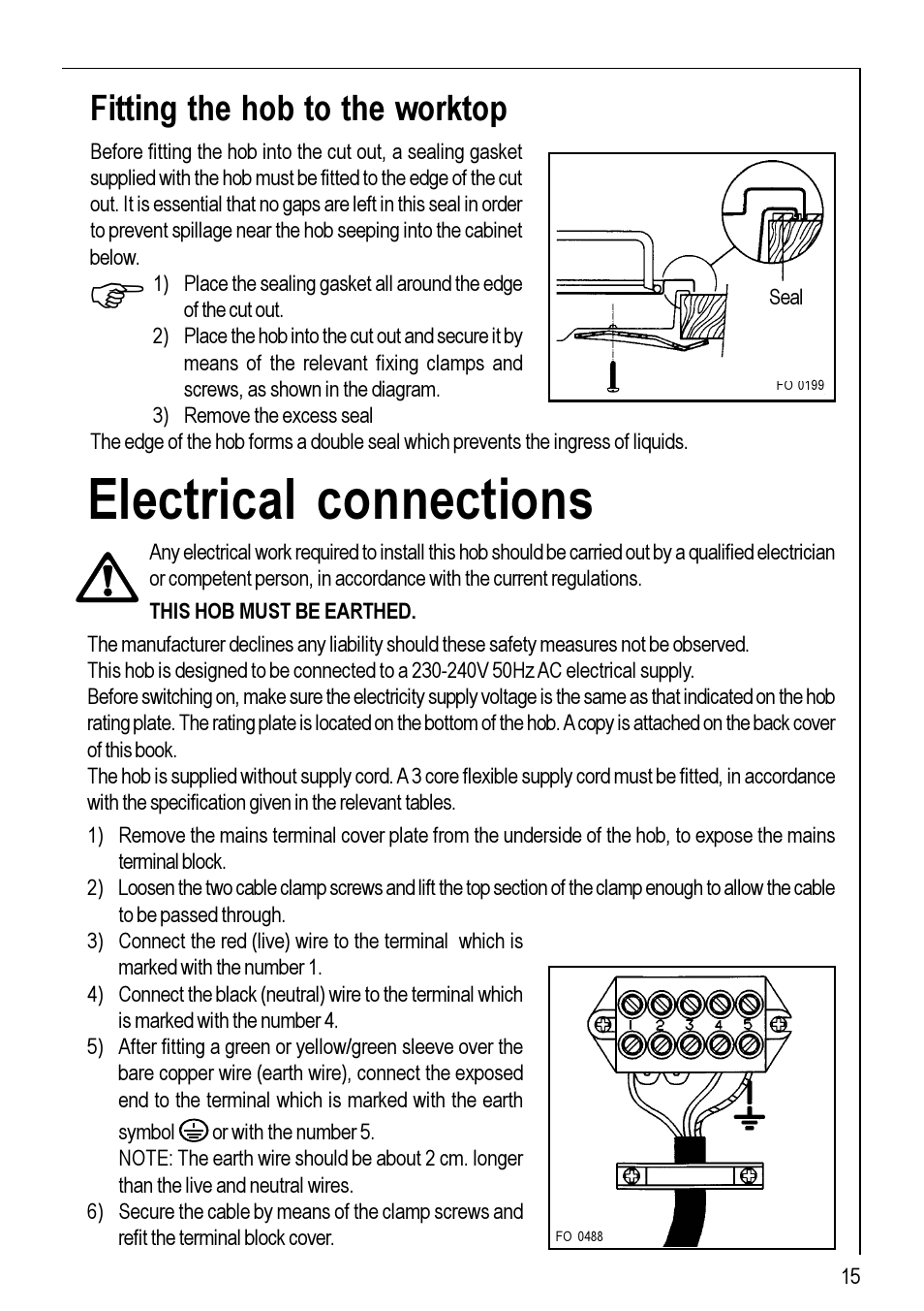 Electrical connections, Fitting the hob to the worktop | Electrolux 111 K User Manual | Page 15 / 16