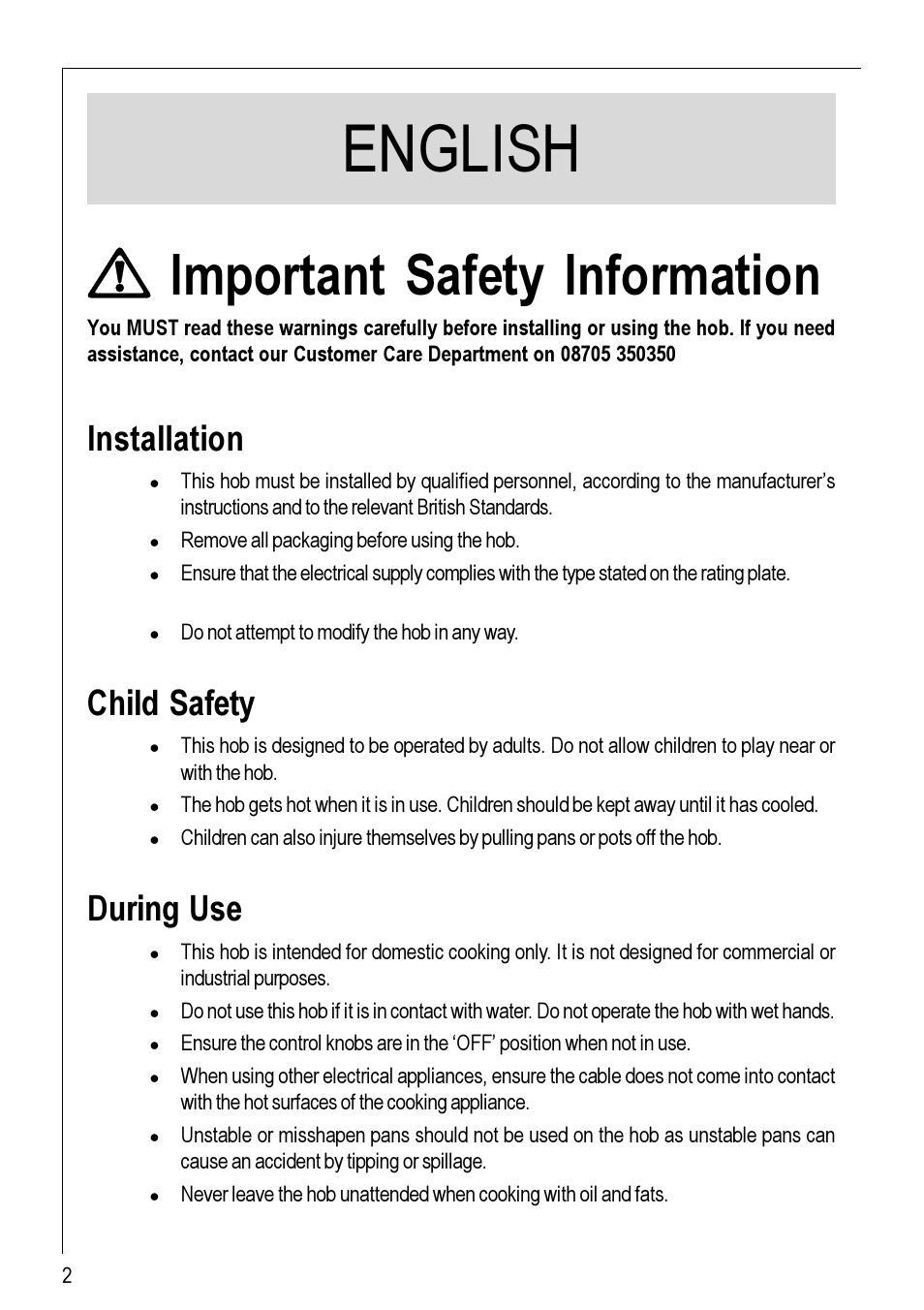 English, Important safety information, Installation | Child safety, During use | Electrolux 111 K User Manual | Page 2 / 16