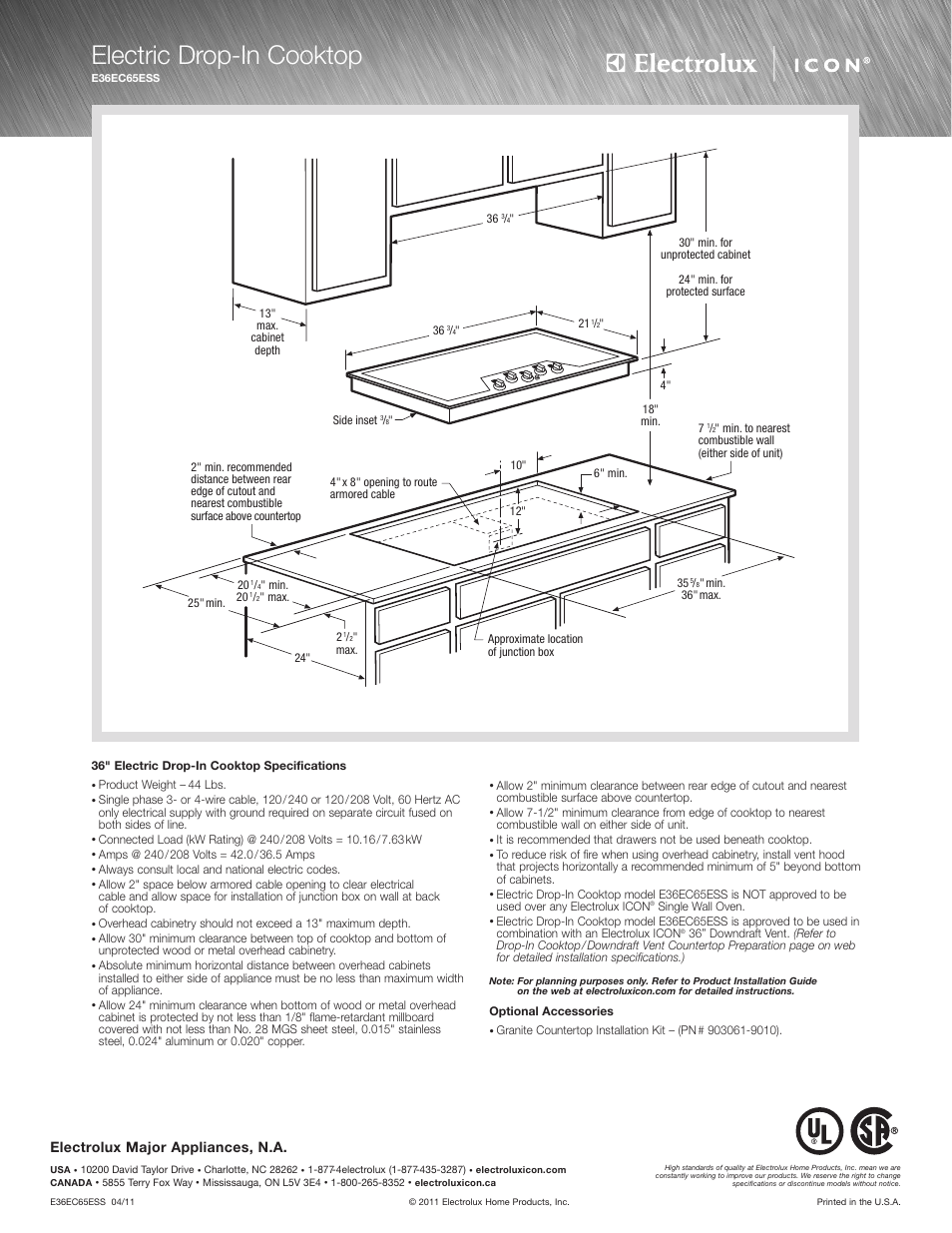 Electric drop-in cooktop, Electrolux major appliances, n.a | Electrolux 36" ELECTRIC DROP-IN COOKTOP E36EC65ESS User Manual | Page 2 / 3