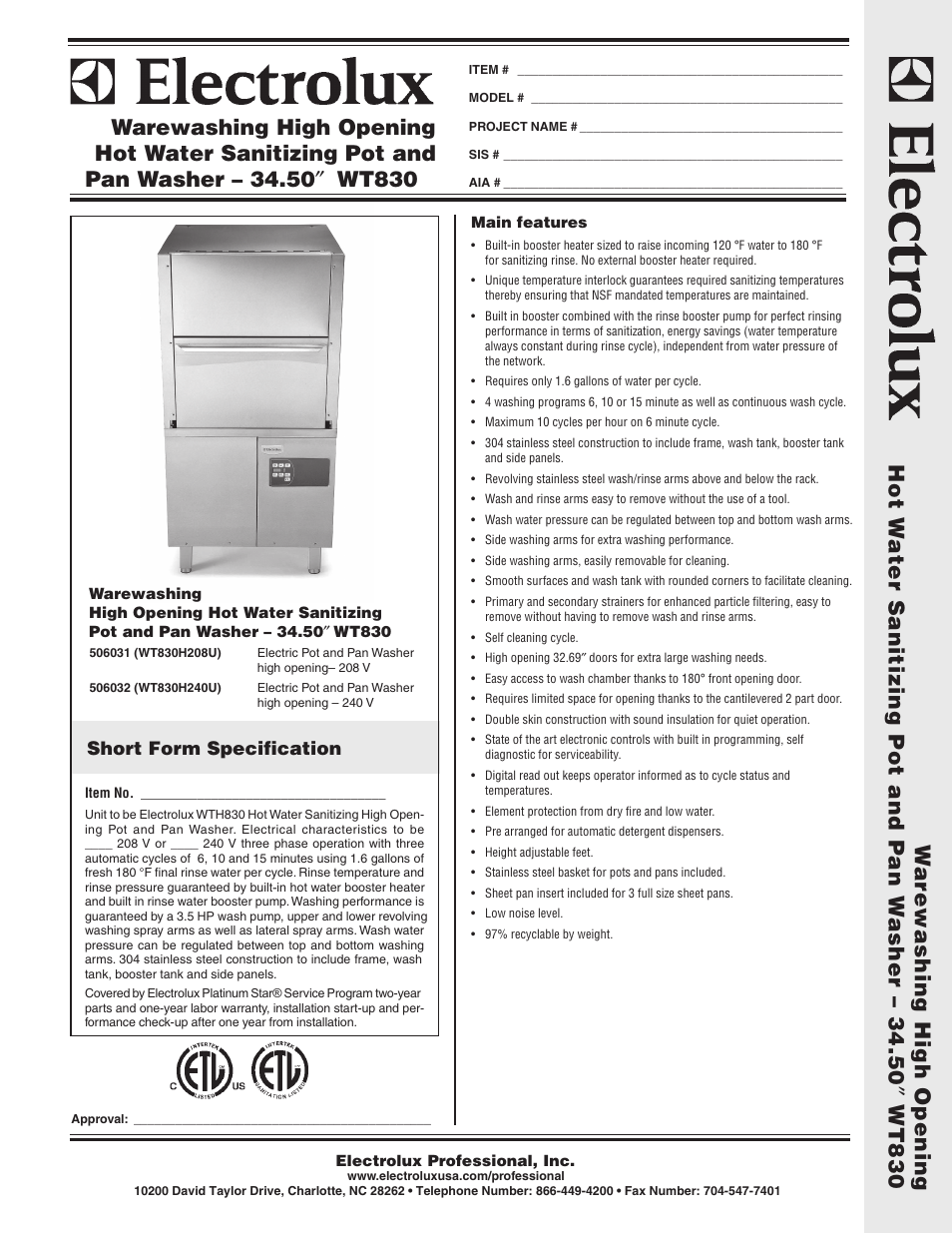 Electrolux WT830H240U User Manual | 2 pages