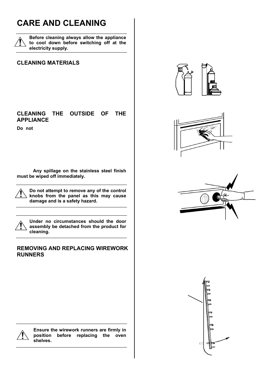 Care and cleaning, Cleaning materials, Cleaning the outside of the appliance | Removing and replacing wirework runners | Electrolux D2100-5 User Manual | Page 21 / 36