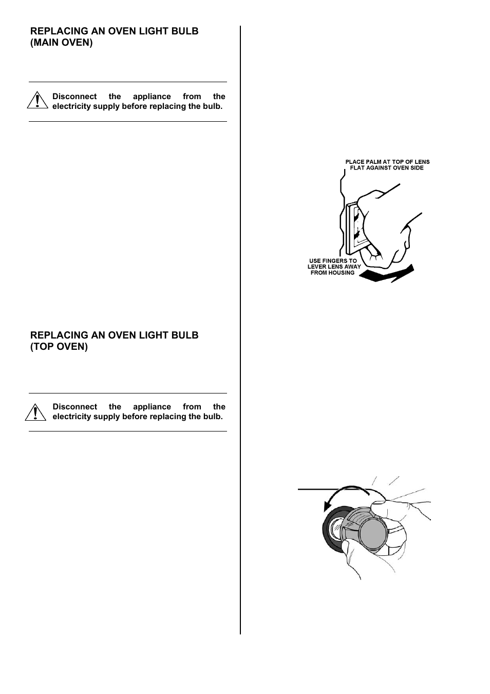 24 replacing an oven light bulb (main oven), Replacing an oven light bulb (top oven) | Electrolux D2100-5 User Manual | Page 24 / 36