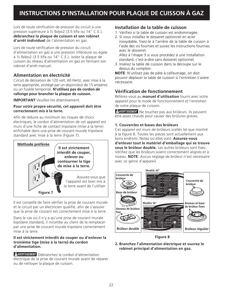 Alimentation en électricité, Installation de la table de cuisson, Vérification de fonctionnement | Electrolux 318201475 (0710) User Manual | Page 22 / 24