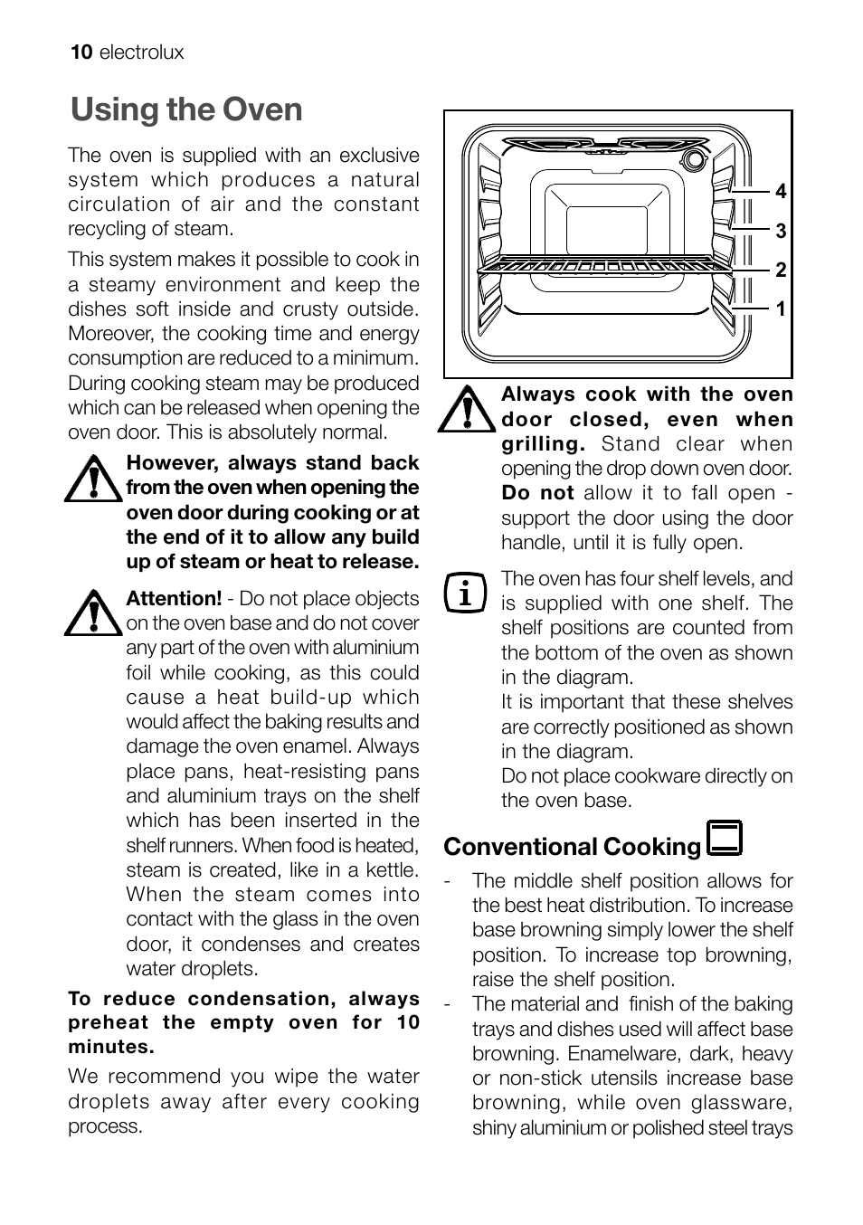 Using the oven, Conventional cooking | Electrolux EFT60001W User Manual | Page 10 / 32