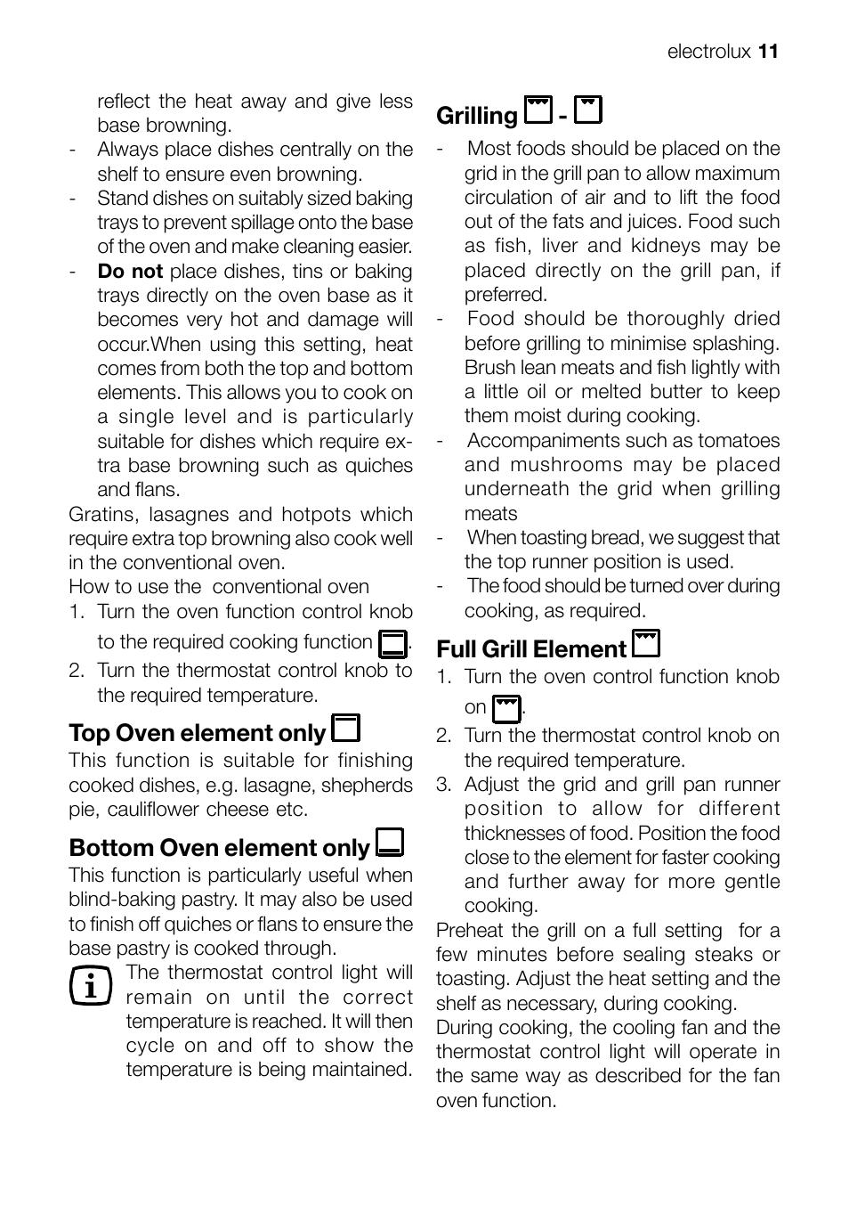 Top oven element only, Bottom oven element only, Grilling | Full grill element | Electrolux EFT60001W User Manual | Page 11 / 32