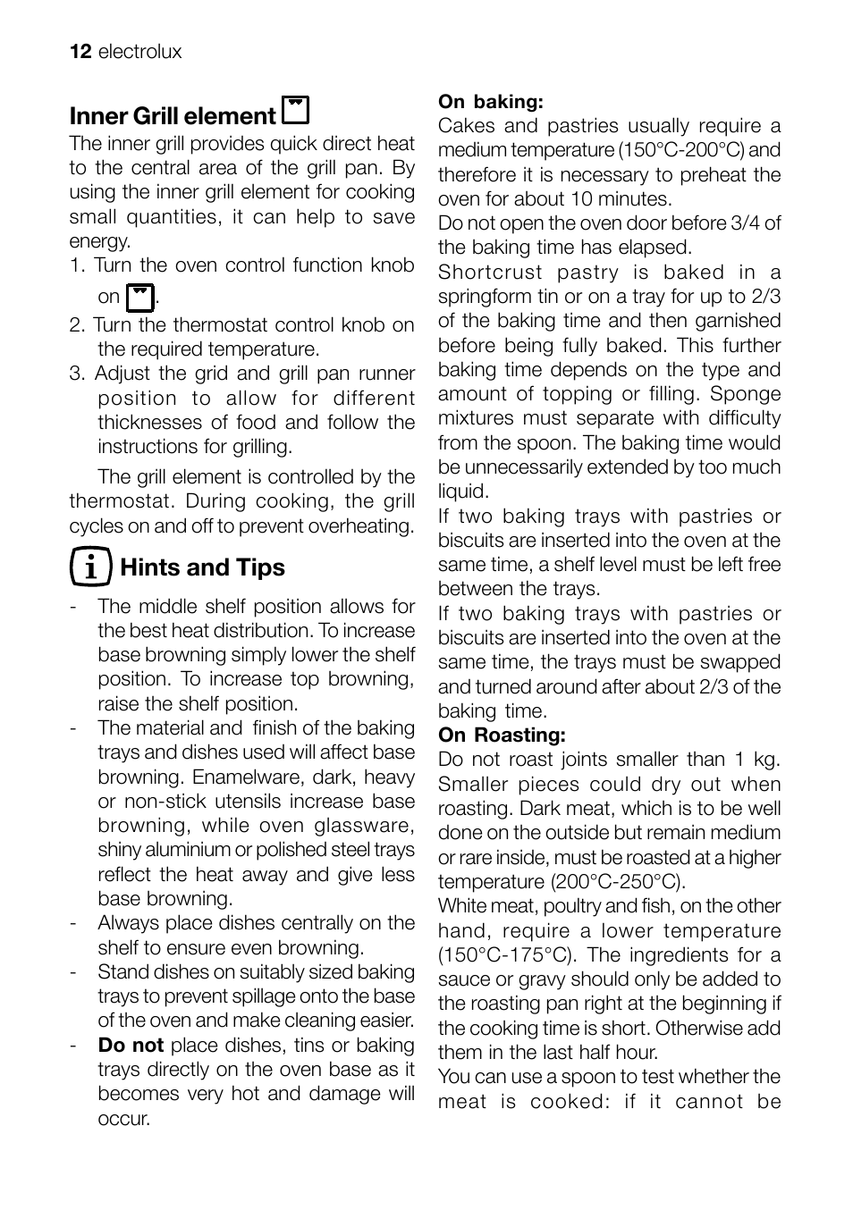 Inner grill element, Hints and tips | Electrolux EFT60001W User Manual | Page 12 / 32