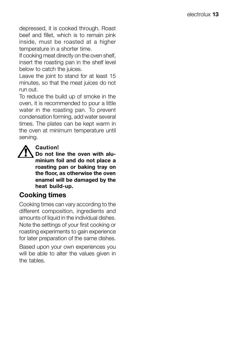 Cooking times | Electrolux EFT60001W User Manual | Page 13 / 32