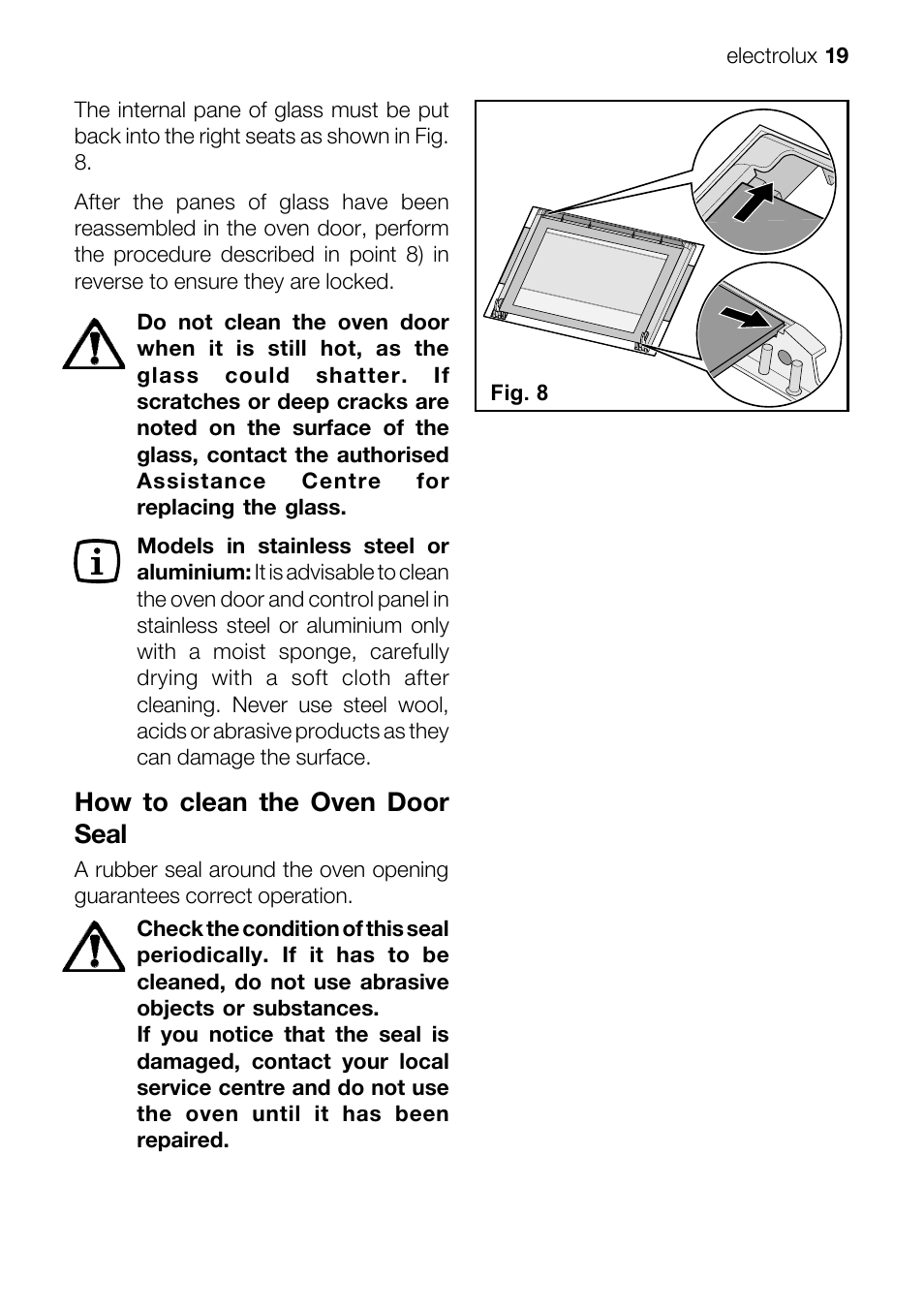 How to clean the oven door seal | Electrolux EFT60001W User Manual | Page 19 / 32