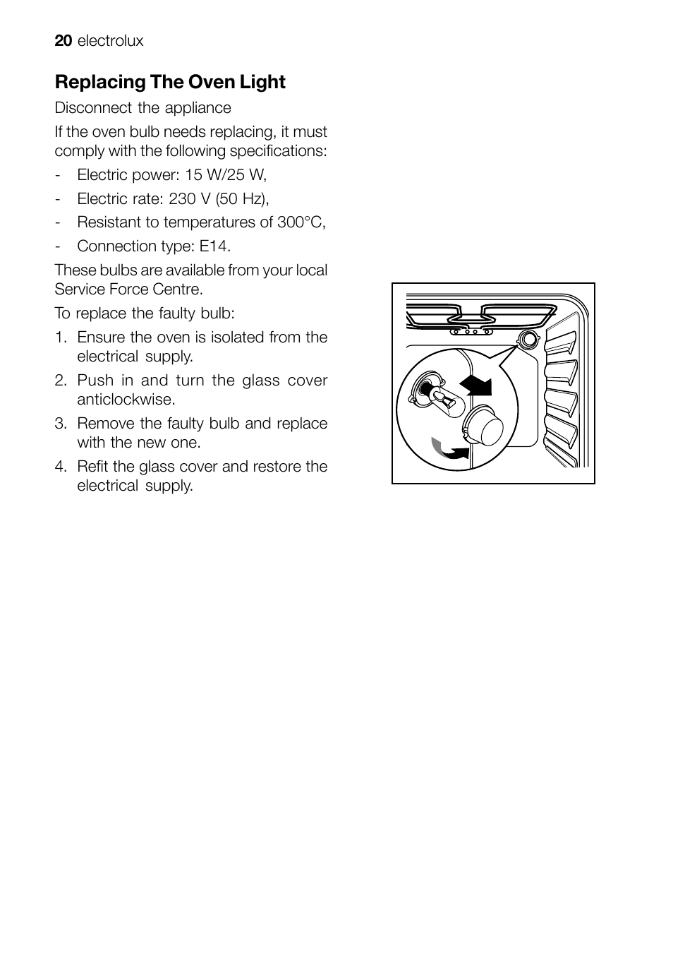 Replacing the oven light | Electrolux EFT60001W User Manual | Page 20 / 32