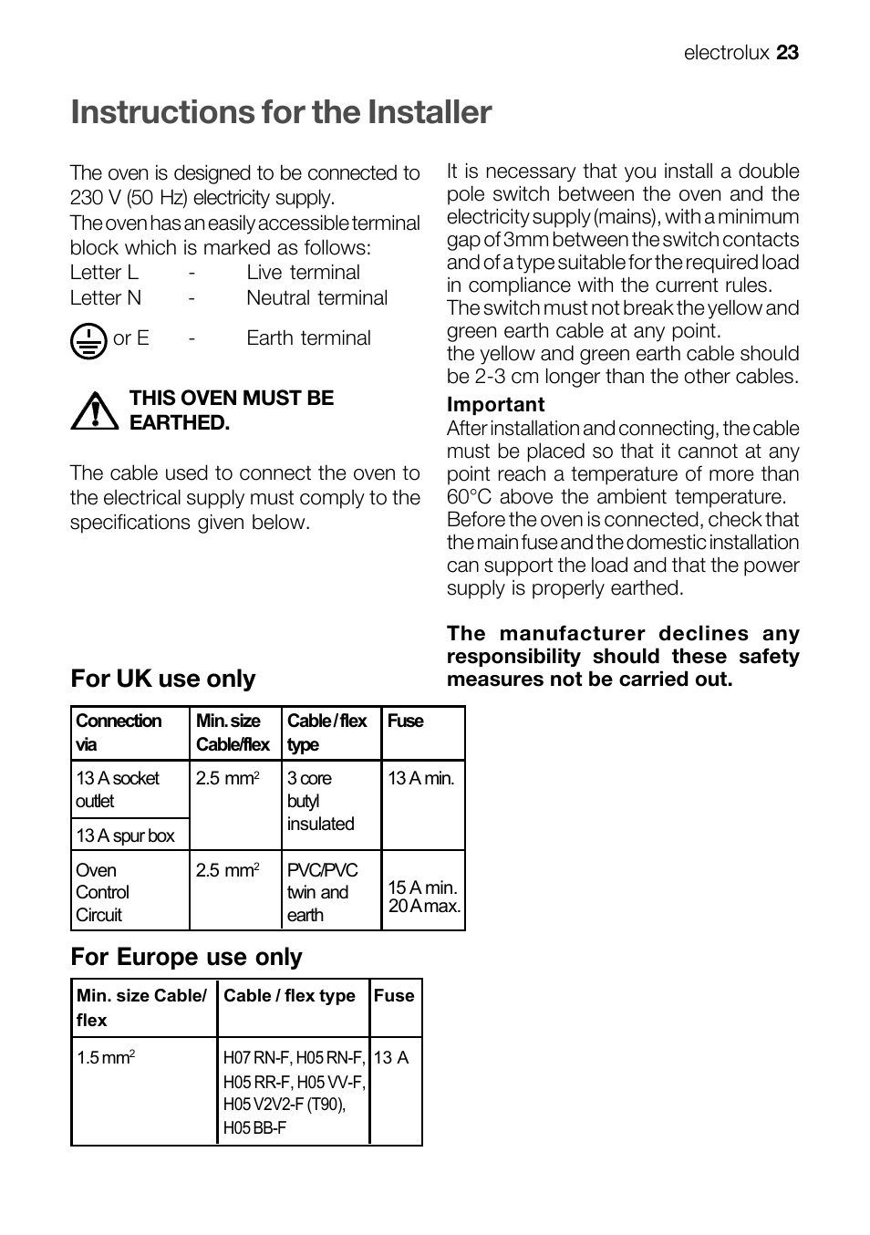 Instructions for the installer, For uk use only for europe use only | Electrolux EFT60001W User Manual | Page 23 / 32