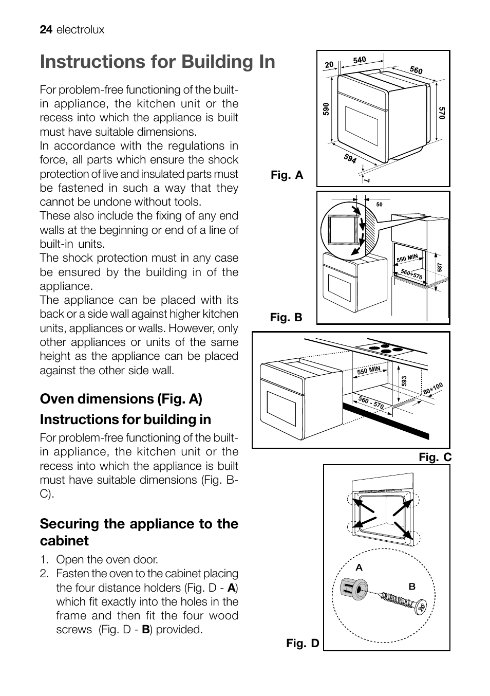 Instructions for building in, Securing the appliance to the cabinet | Electrolux EFT60001W User Manual | Page 24 / 32
