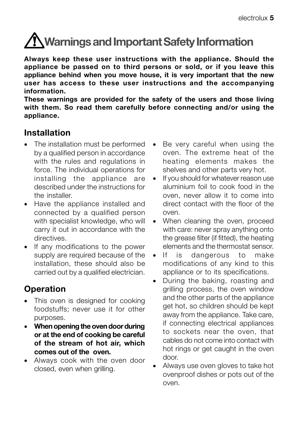 Warnings and important safety information, Installation, Operation | Electrolux EFT60001W User Manual | Page 5 / 32