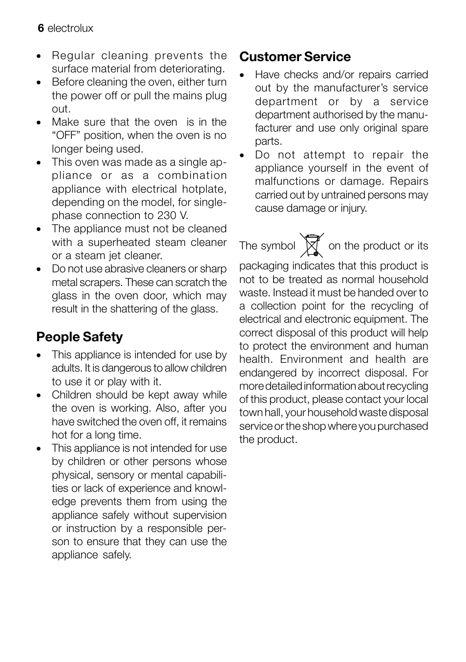 People safety, Customer service | Electrolux EFT60001W User Manual | Page 6 / 32
